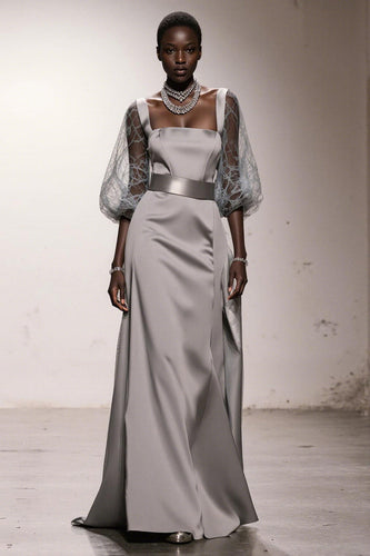 Simple Silver Sheath Satin Long Formal Dress with Sleeves