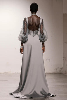 Simple Silver Sheath Satin Long Formal Dress with Sleeves
