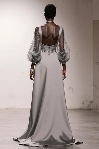 Simple Silver Sheath Satin Long Formal Dress with Sleeves