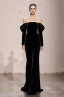 Load image into Gallery viewer, Black Velvet Mermaid Off the Shoulder Long Formal Dress with Sleeves