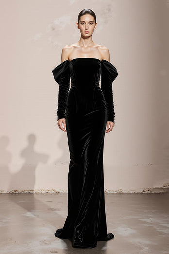Black Velvet Mermaid Off the Shoulder Long Formal Dress with Sleeves