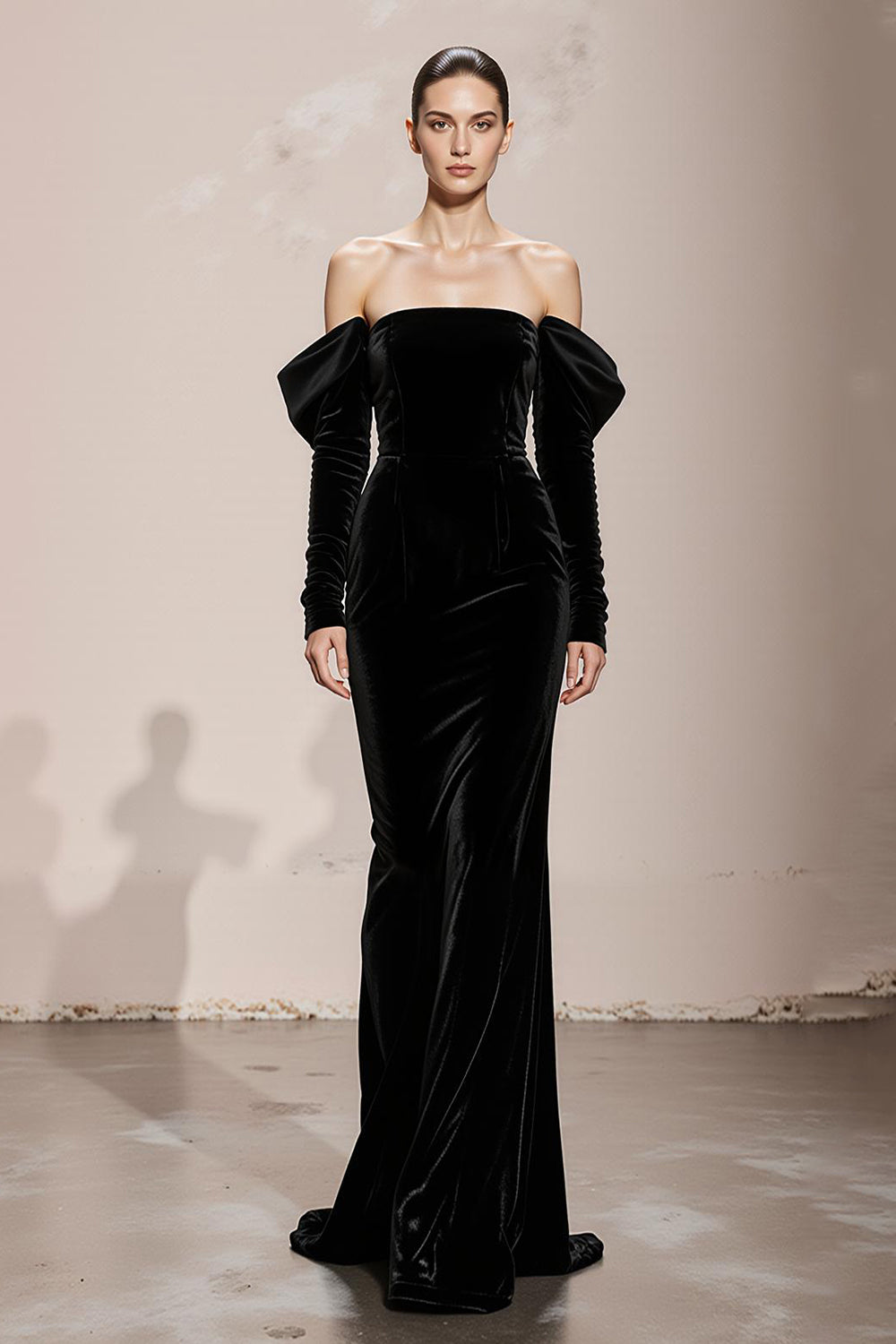 Black Velvet Mermaid Off the Shoulder Long Formal Dress with Sleeves