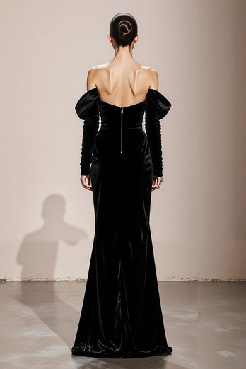 Black Velvet Mermaid Off the Shoulder Long Formal Dress with Sleeves