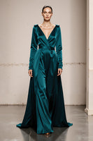 Load image into Gallery viewer, Peacock Green Satin V-Neck A Line Long Sleeves Formal Dress