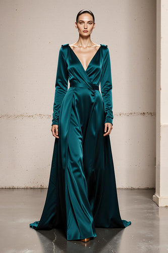 Peacock Green Satin V-Neck A Line Long Sleeves Formal Dress
