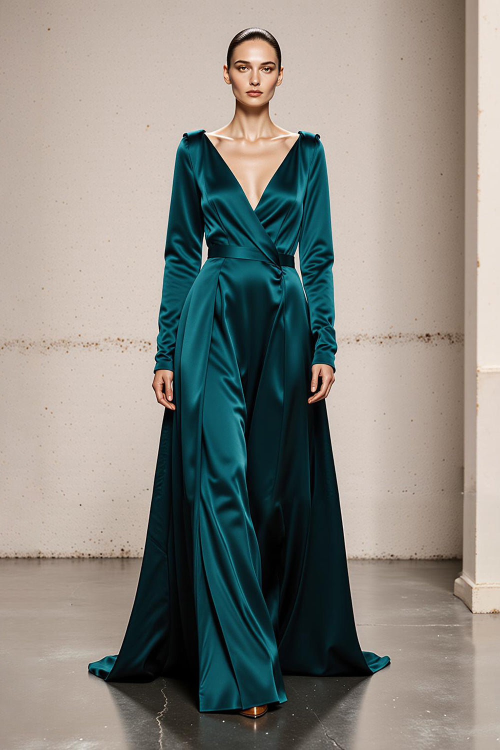 Peacock Green Satin V-Neck A Line Long Sleeves Formal Dress