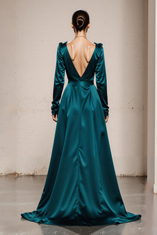 Peacock Green Satin V-Neck A Line Long Sleeves Formal Dress