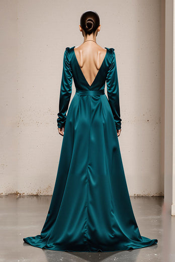 Peacock Green Satin V-Neck A Line Long Sleeves Formal Dress