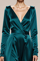 Load image into Gallery viewer, Peacock Green Satin V-Neck A Line Long Sleeves Formal Dress