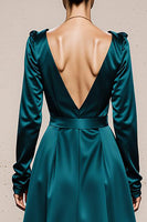 Load image into Gallery viewer, Peacock Green Satin V-Neck A Line Long Sleeves Formal Dress