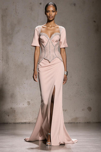 Sparkly Light Pink Mermaid Beaded Long Formal Dress with Slit