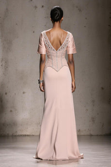 Sparkly Light Pink Mermaid Beaded Long Formal Dress with Slit