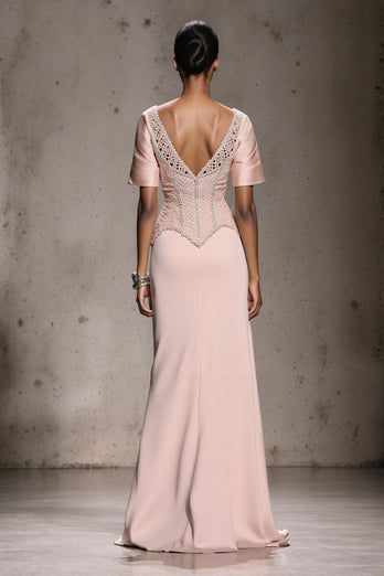 Sparkly Light Pink Mermaid Beaded Long Formal Dress with Slit