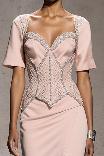 Sparkly Light Pink Mermaid Beaded Long Formal Dress with Slit