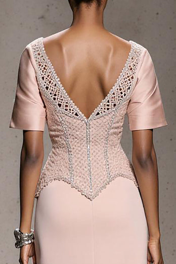 Sparkly Light Pink Mermaid Beaded Long Formal Dress with Slit