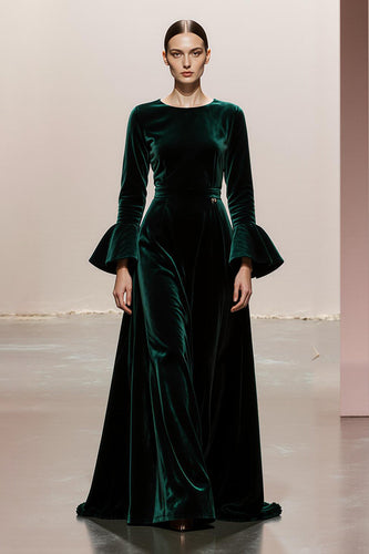 Dark Green Velvet A Line Round Neck Long Sleeves Formal Dress