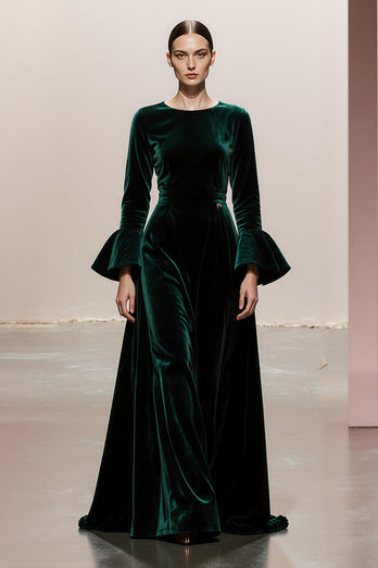 Dark Green Velvet A Line Round Neck Long Sleeves Formal Dress