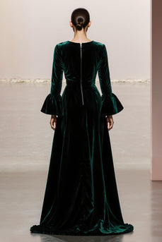 Dark Green Velvet A Line Round Neck Long Sleeves Formal Dress