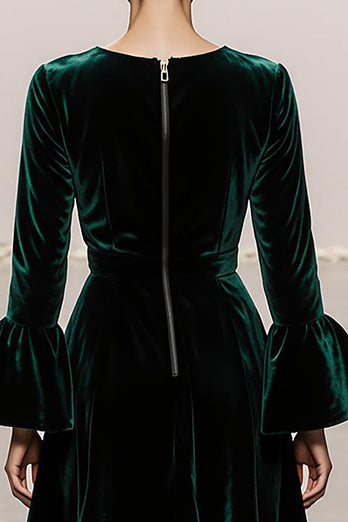 Dark Green Velvet A Line Round Neck Long Sleeves Formal Dress