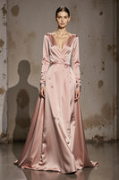 Load image into Gallery viewer, Light Pink A Line V-Neck Satin Long Sleeves Formal Dress