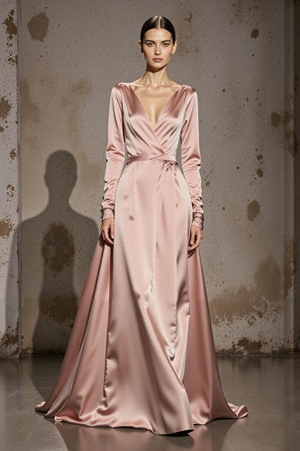 Light Pink A Line V-Neck Satin Long Sleeves Formal Dress