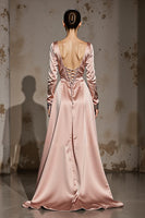 Load image into Gallery viewer, Light Pink A Line V-Neck Satin Long Sleeves Formal Dress
