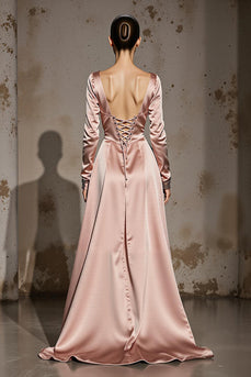 Light Pink A Line V-Neck Satin Long Sleeves Formal Dress