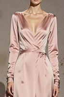 Load image into Gallery viewer, Light Pink A Line V-Neck Satin Long Sleeves Formal Dress