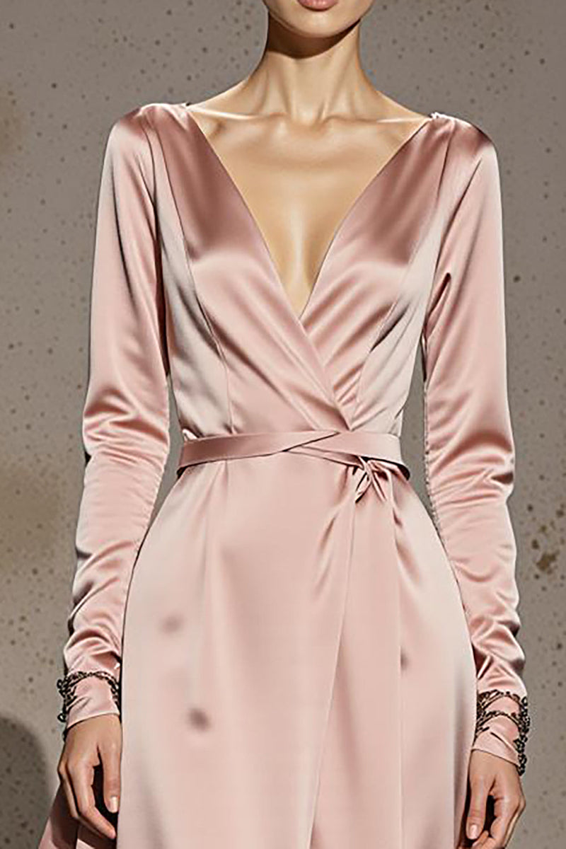 Load image into Gallery viewer, Light Pink A Line V-Neck Satin Long Sleeves Formal Dress