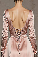 Load image into Gallery viewer, Light Pink A Line V-Neck Satin Long Sleeves Formal Dress