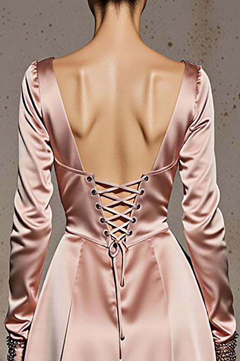 Load image into Gallery viewer, Light Pink A Line V-Neck Satin Long Sleeves Formal Dress