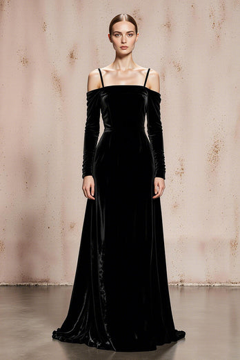 Black Velvet Cold Shoulder Long Formal Dress with Sleeves