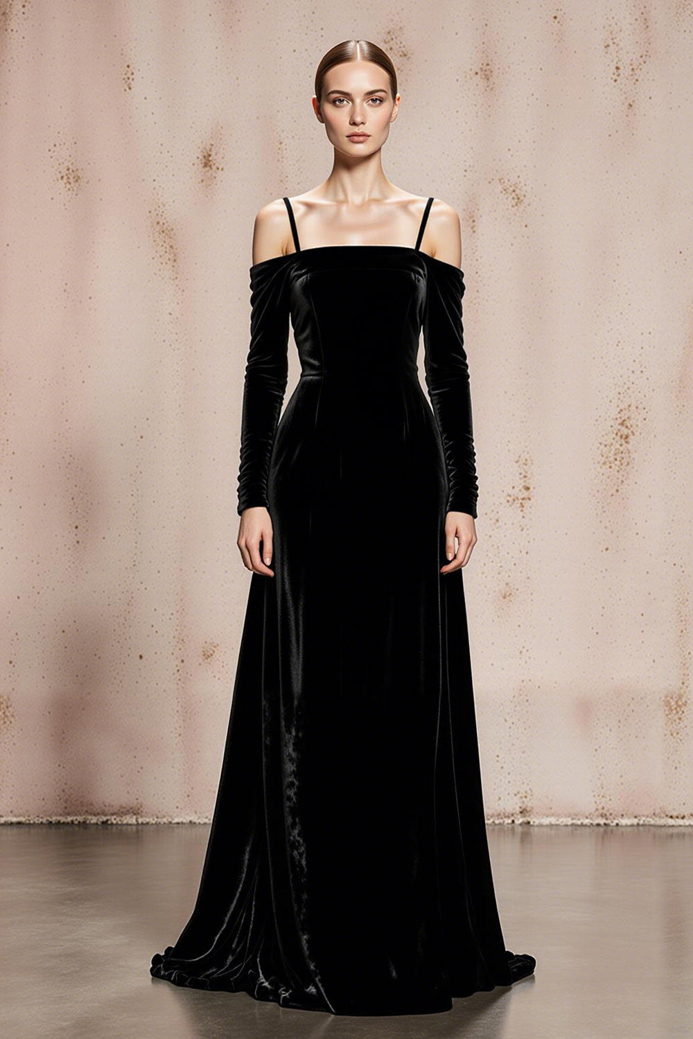 Black Velvet Cold Shoulder Long Formal Dress with Sleeves