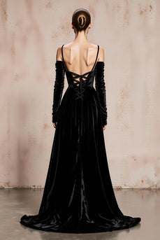 Black Velvet Cold Shoulder Long Formal Dress with Sleeves