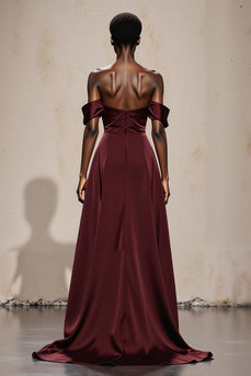 Burgundy Satin Off the Shoulder A Line Long Formal Dress