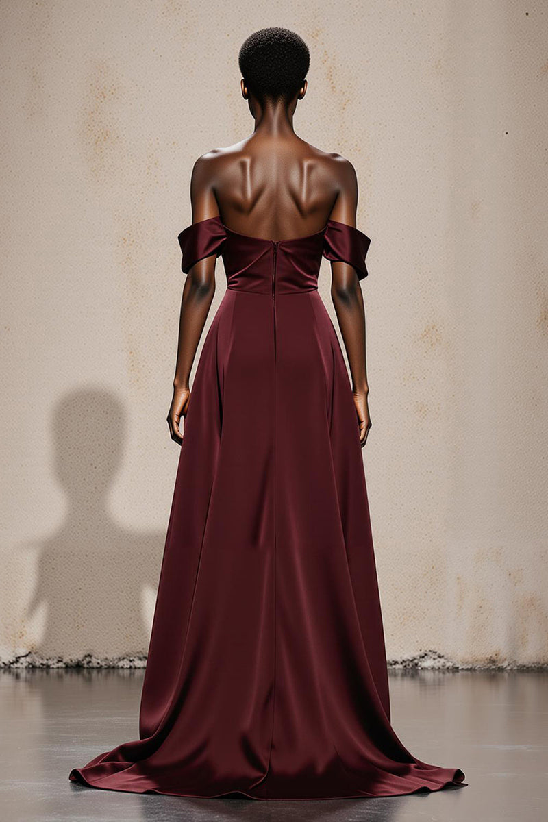 Load image into Gallery viewer, Burgundy Satin Off the Shoulder A Line Long Formal Dress