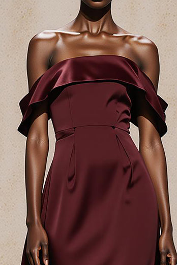 Burgundy Satin Off the Shoulder A Line Long Formal Dress