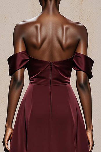 Burgundy Satin Off the Shoulder A Line Long Formal Dress
