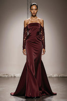 Load image into Gallery viewer, Burgundy Mermaid Off the Shoulder Satin Long Formal Dress with Lace