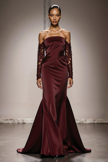 Burgundy Mermaid Off the Shoulder Satin Long Formal Dress with Lace