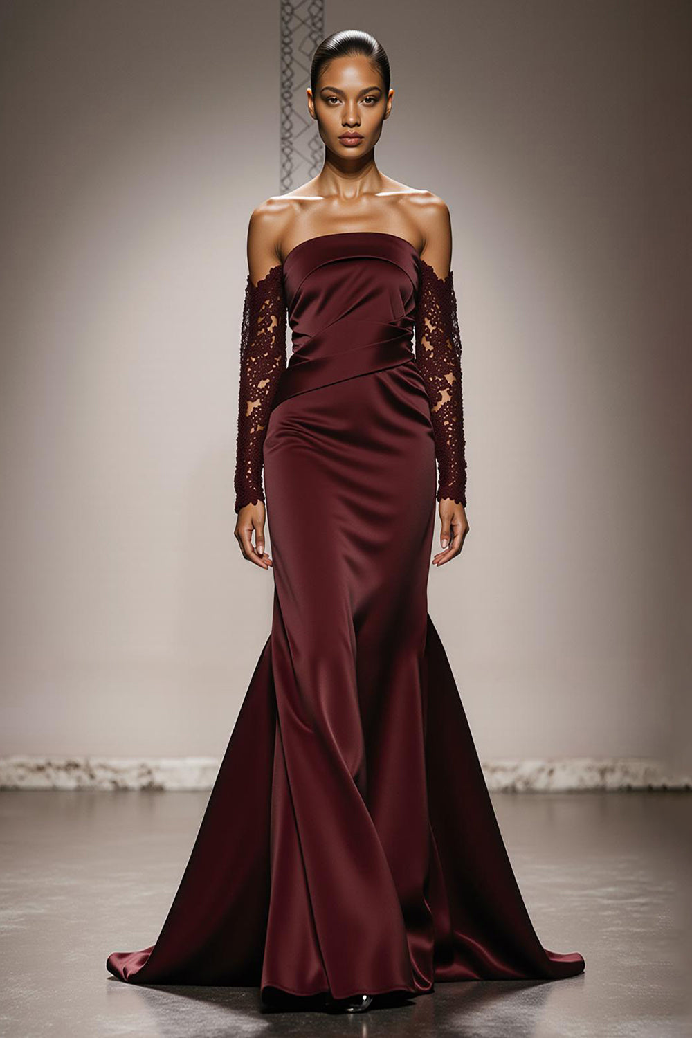 Burgundy Mermaid Off the Shoulder Satin Long Formal Dress with Lace