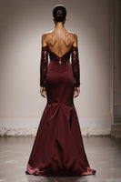 Load image into Gallery viewer, Burgundy Mermaid Off the Shoulder Satin Long Formal Dress with Lace