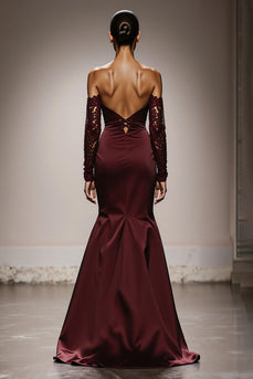 Burgundy Mermaid Off the Shoulder Satin Long Formal Dress with Lace