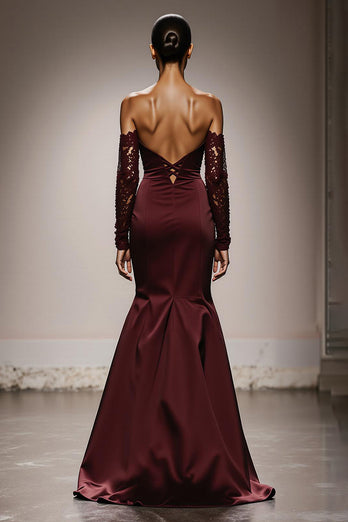 Burgundy Mermaid Off the Shoulder Satin Long Formal Dress with Lace