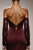 Load image into Gallery viewer, Burgundy Mermaid Off the Shoulder Satin Long Formal Dress with Lace