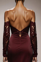 Load image into Gallery viewer, Burgundy Mermaid Off the Shoulder Satin Long Formal Dress with Lace