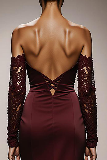 Burgundy Mermaid Off the Shoulder Satin Long Formal Dress with Lace