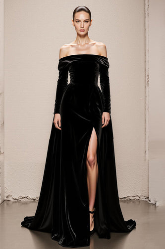 Black Velvet Off the Shoulder A Line Long Holiday Party Dress with Slit