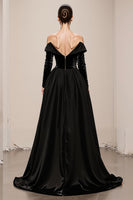 Load image into Gallery viewer, Black Velvet Off the Shoulder A Line Long Holiday Party Dress with Slit