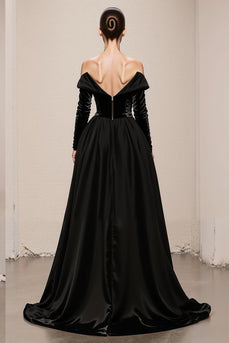Black Velvet Off the Shoulder A Line Long Holiday Party Dress with Slit